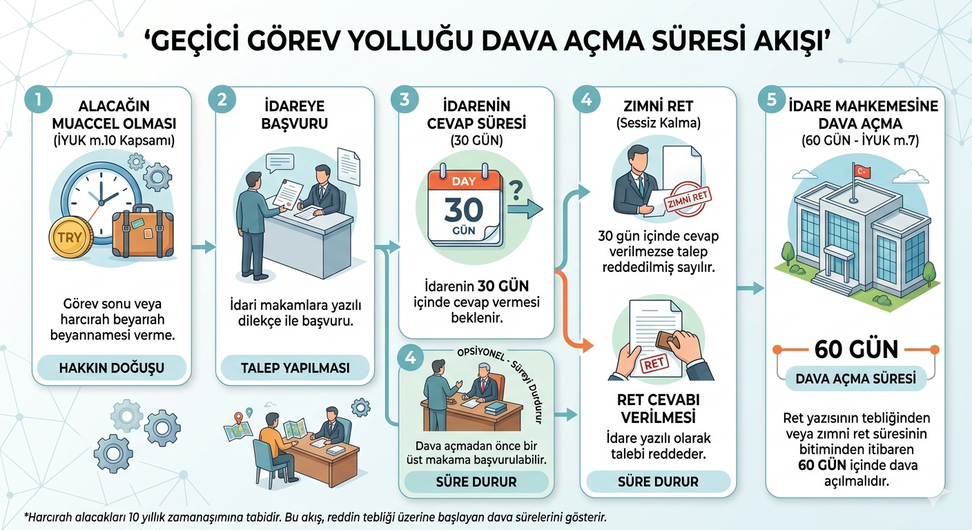 Geçici görev yolluğu dava açma süresi akışı – İYUK m.7, m.10, m.11 çerçevesinde adım adım süre hesabı
